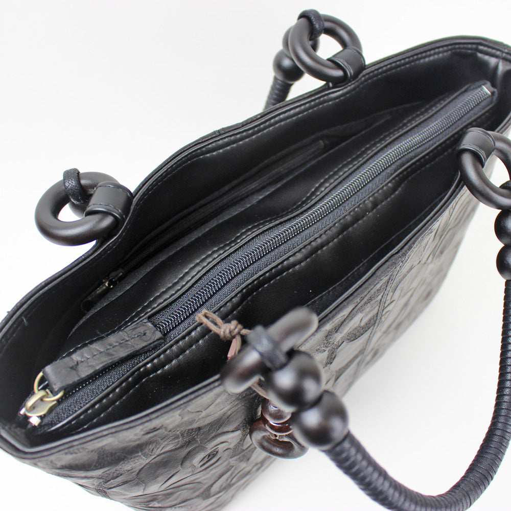 日本製 花柄牛革型押しハンドバッグ  A326