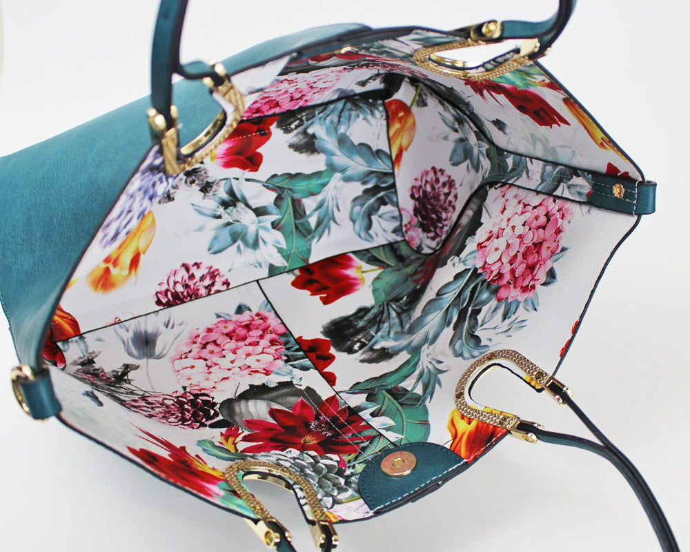 馬蹄金具トートバッグ(M) (インサイド:花柄 )ショルダー紐 ポーチ付き K107