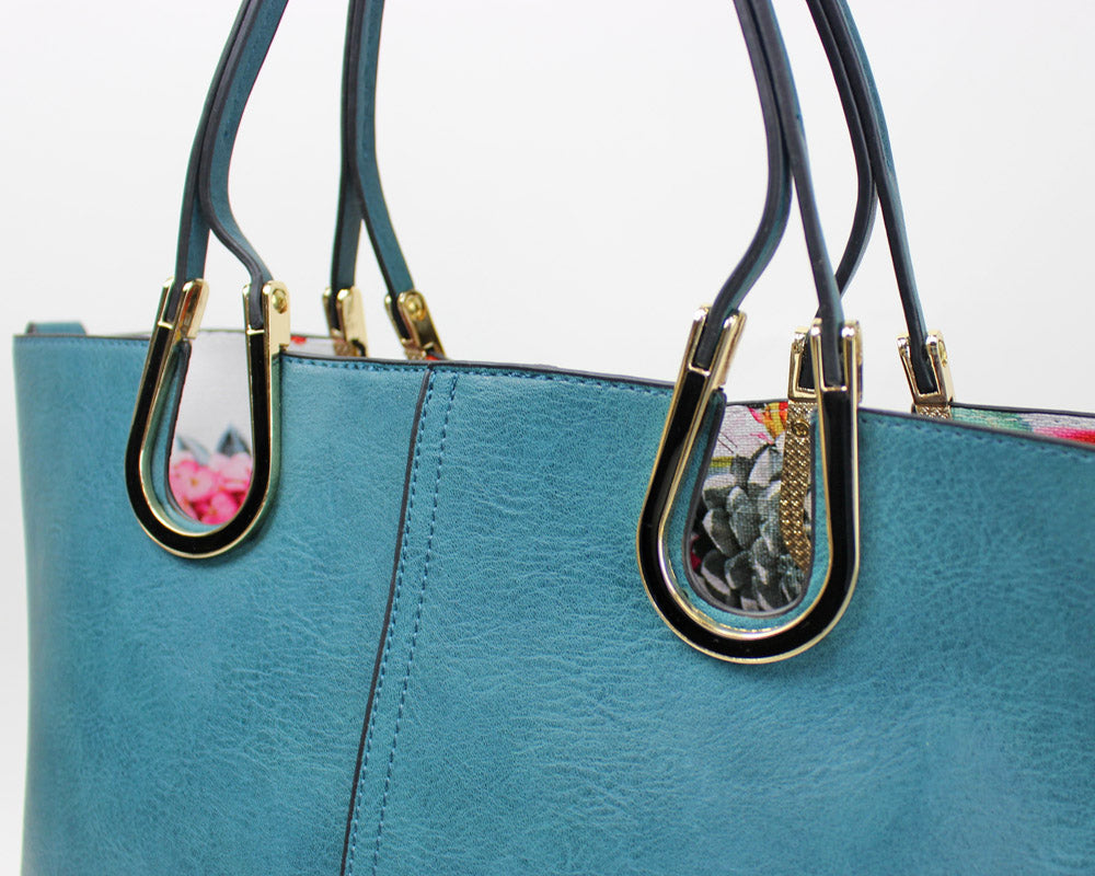 馬蹄金具トートバッグ(M) (インサイド:花柄 )ショルダー紐 ポーチ付き K107