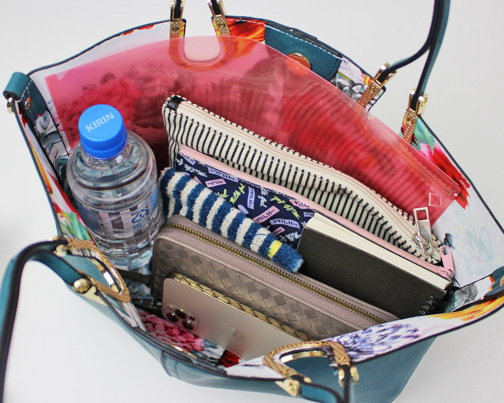 馬蹄金具トートバッグ(M) (インサイド:花柄 )ショルダー紐 ポーチ付き K107