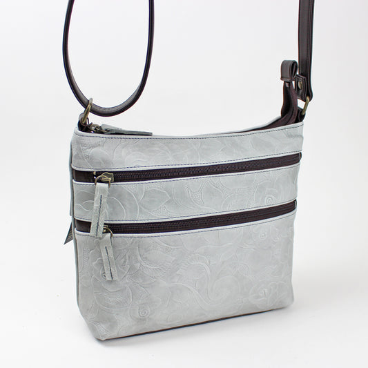 日本製 花柄牛革型押しショルダーバッグ  A325