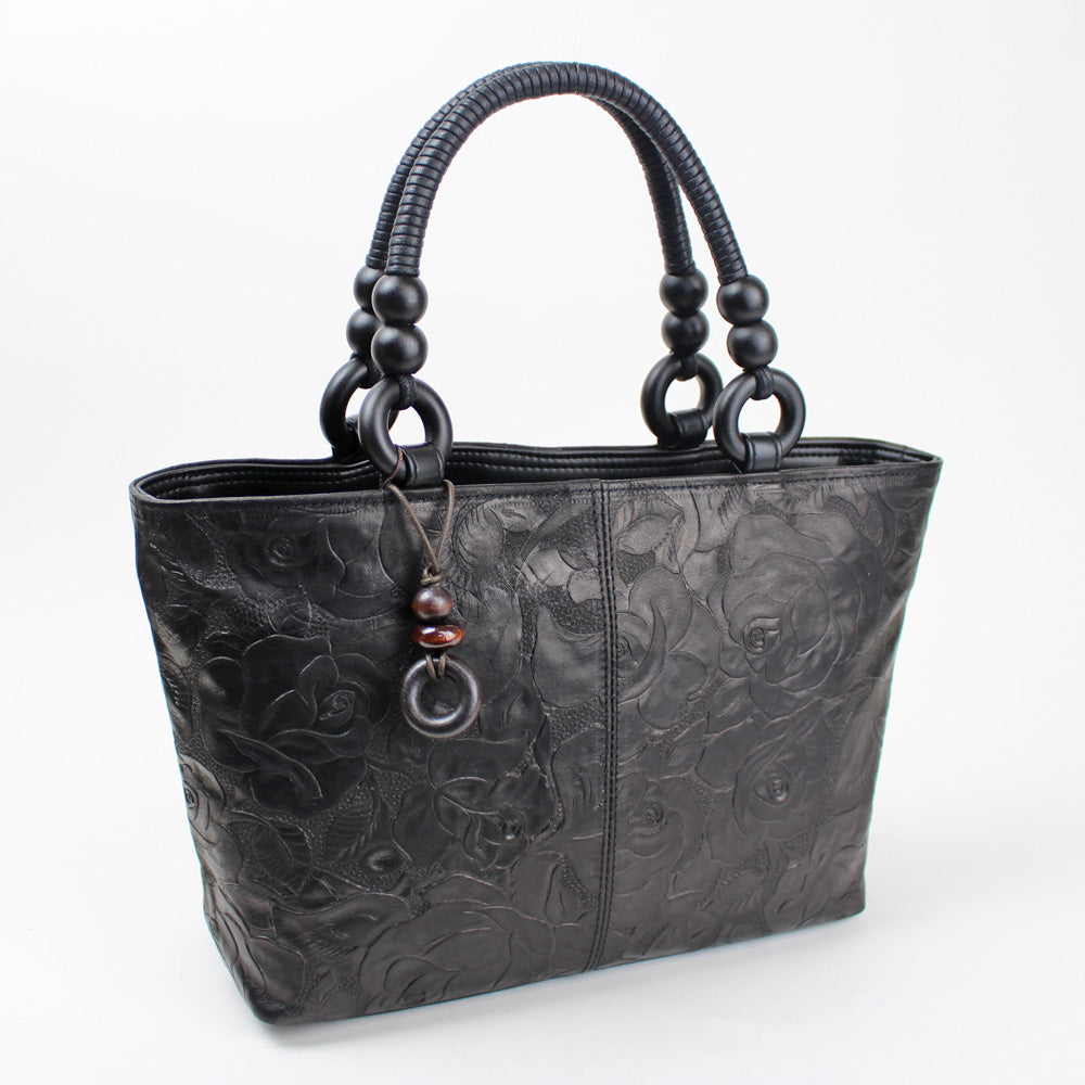 日本製 花柄牛革型押しハンドバッグ  A326