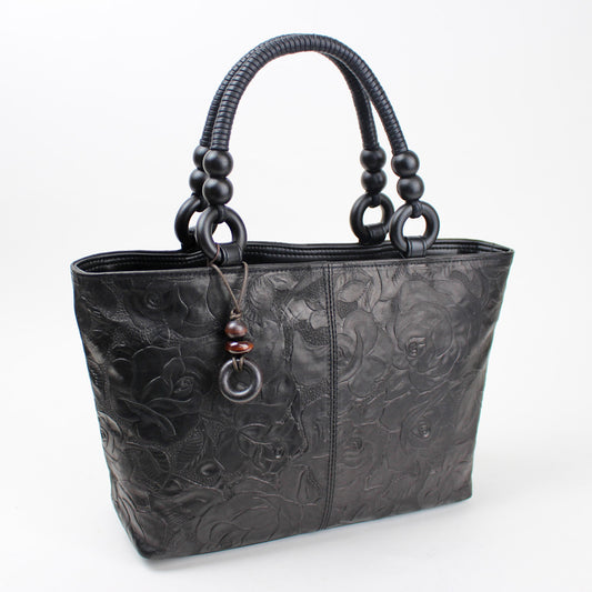 日本製 花柄牛革型押しハンドバッグ  A326